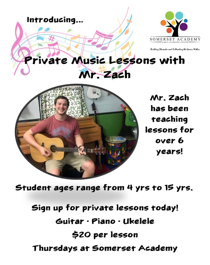 Flyer for private music lessons at Somerset Academy Early Learning Center for children ages 4-15 in Philadelphia